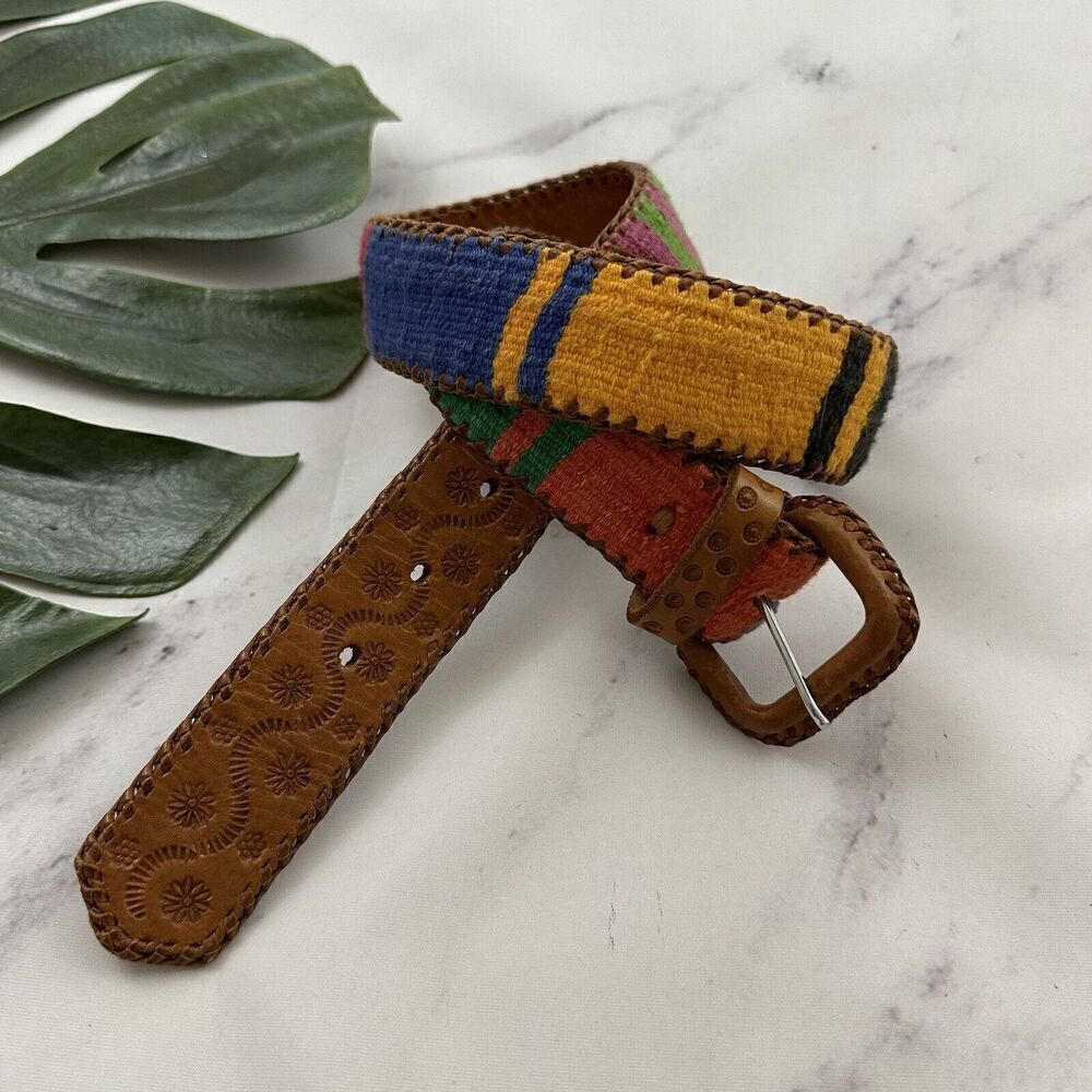 Womens Vintage Hand Made Tapestry Leather Belt Size XS Brown Colorful Tooled